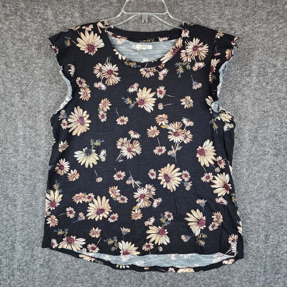 Maurices Top Womens XL Black Floral Ruffle Sleeve Cotton Blend EUC